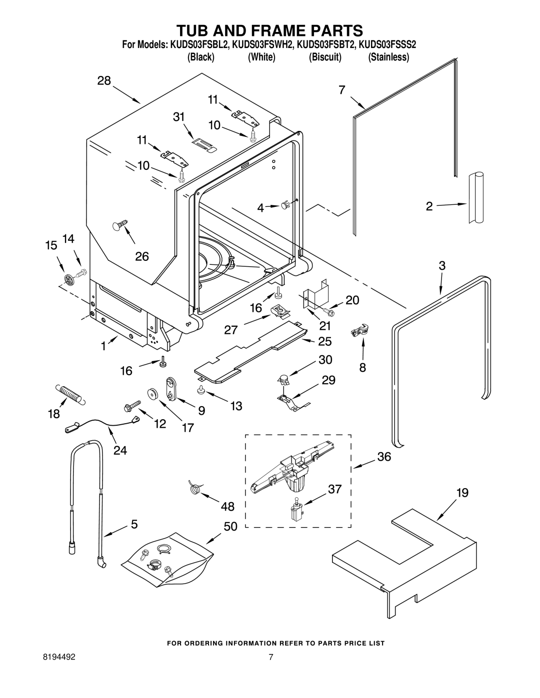 KitchenAid KUDS03FSSS2, KUDS03FSBL2, KUDS03FSBT2, KUDS03FSWH2 manual TUB and Frame Parts 