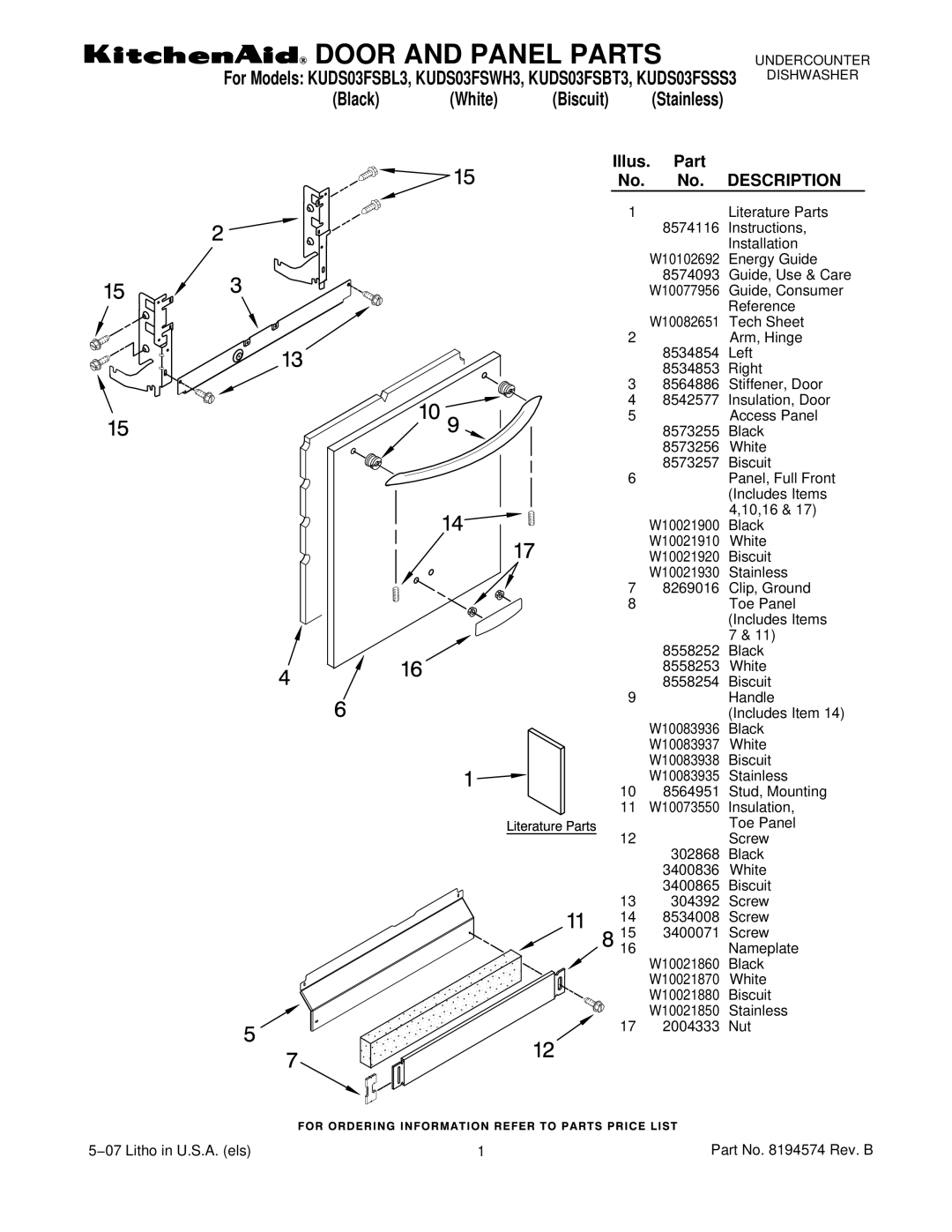 KitchenAid KUDS03FSBT3, KUDS03FSBL3, KUDS03FSWH3, KUDS03FSSS3 manual Door and Panel Parts 