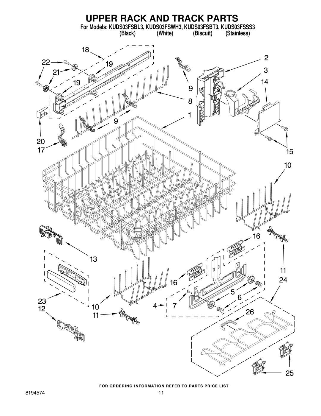 KitchenAid KUDS03FSSS3, KUDS03FSBL3, KUDS03FSBT3, KUDS03FSWH3 manual Upper Rack and Track Parts 