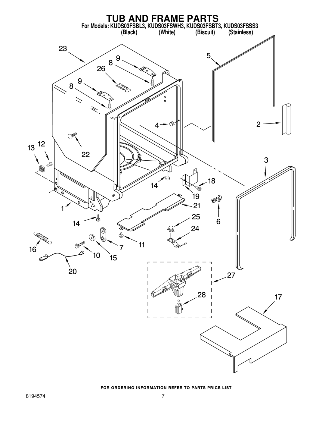 KitchenAid KUDS03FSSS3, KUDS03FSBL3, KUDS03FSBT3, KUDS03FSWH3 manual TUB and Frame Parts 