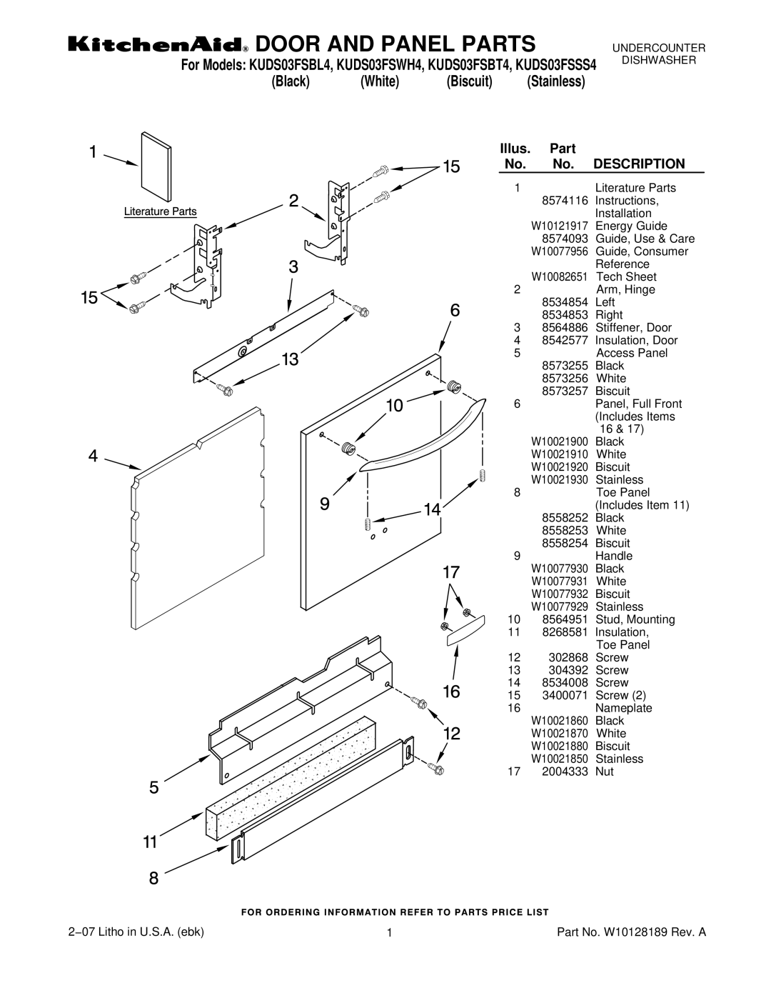 KitchenAid KUDS03FSBL4, KUDS03FSBT4, KUDS03FSWH4, KUDS03FSSS4 manual Door and Panel Parts 