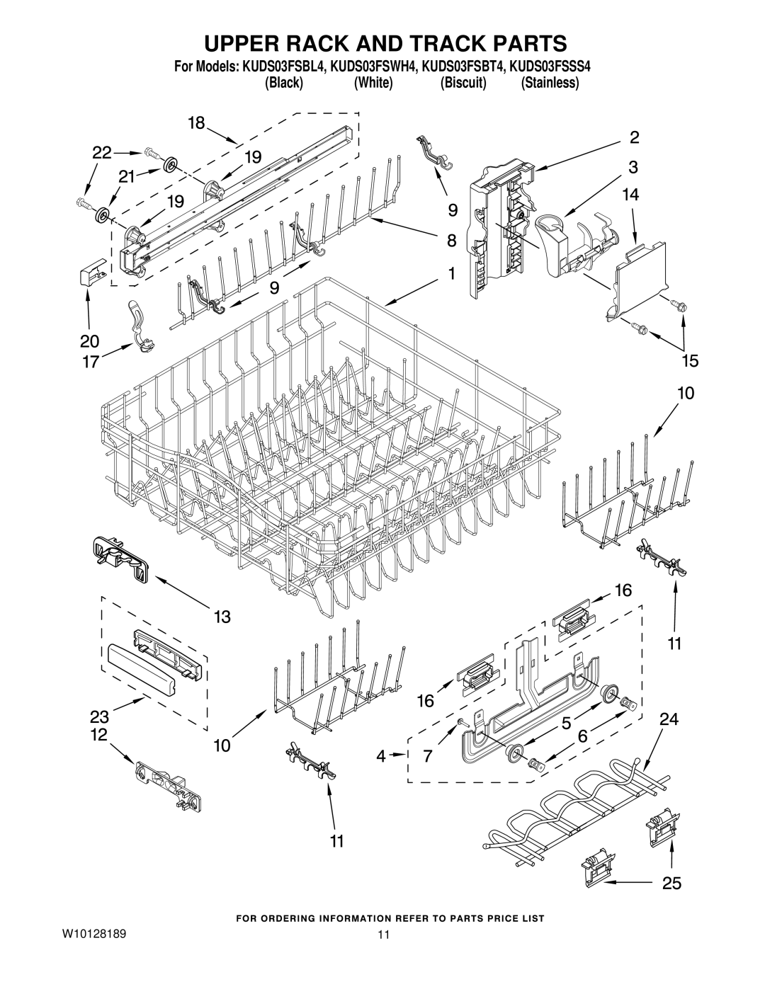 KitchenAid KUDS03FSSS4, KUDS03FSBT4, KUDS03FSBL4, KUDS03FSWH4 manual Upper Rack and Track Parts 