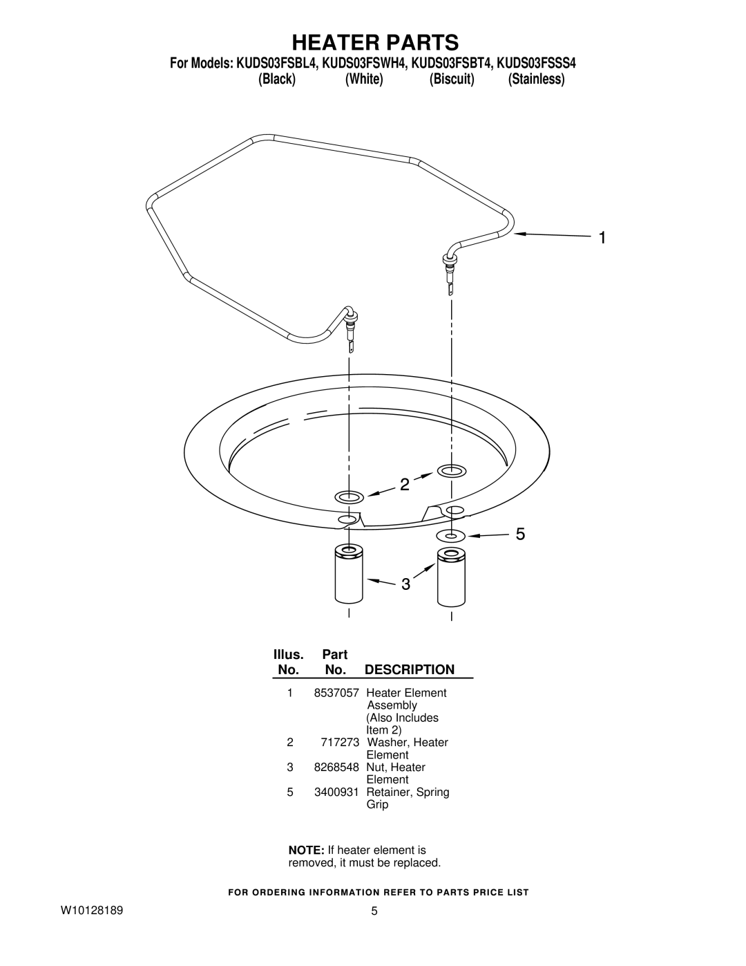 KitchenAid KUDS03FSBL4, KUDS03FSBT4, KUDS03FSWH4, KUDS03FSSS4 manual Heater Parts 