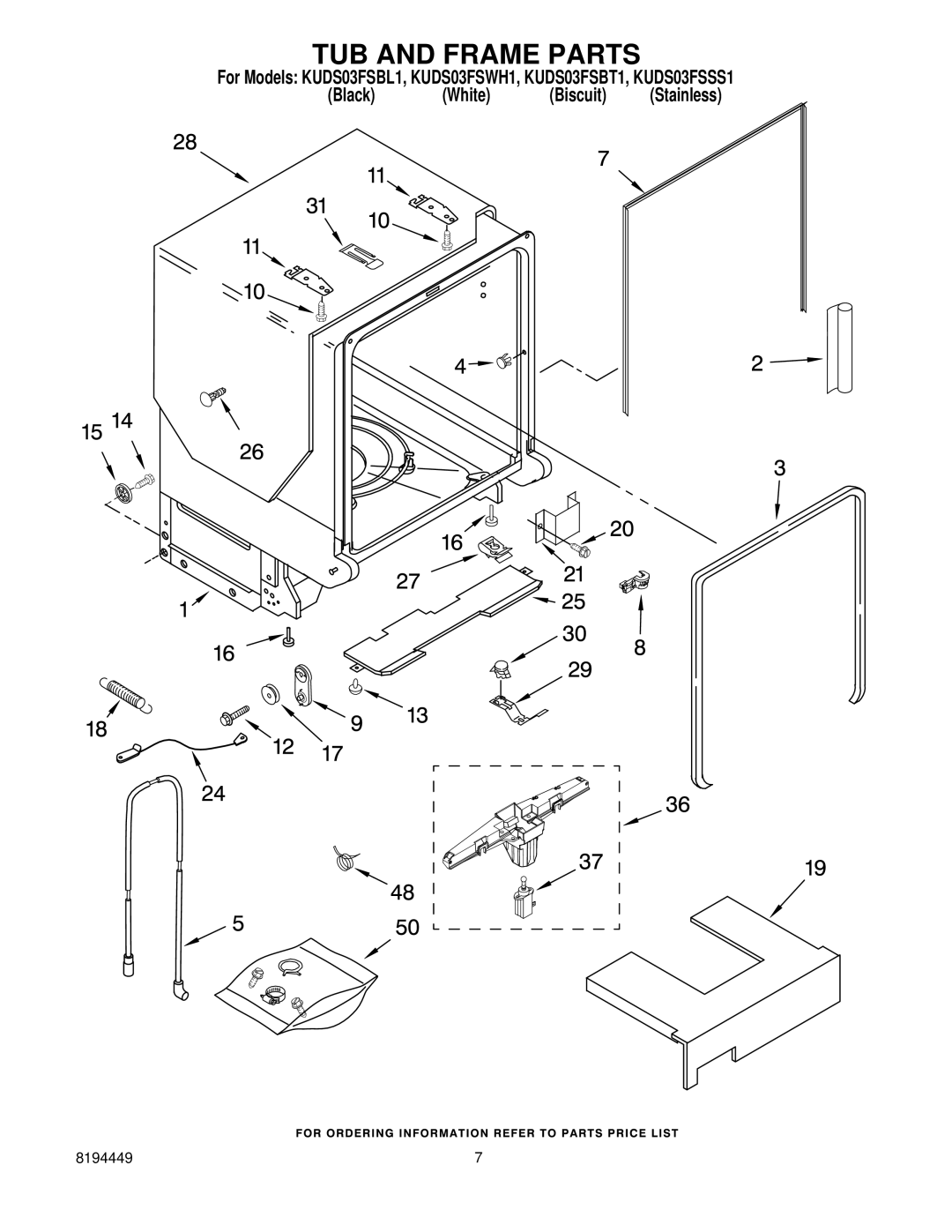 KitchenAid KUDS03FSWH1, KUDS03FSSS1, KUDS03FSBT1, KUDS03FSBL1 manual TUB and Frame Parts 