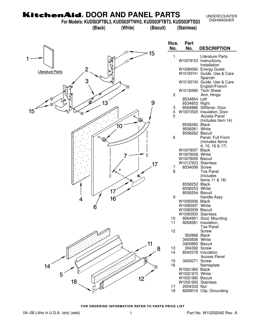 KitchenAid KUDS03FTBT3, KUDS03FTBL3, KUDS03FTWH3, KUDS03FTSS3 manual Door and Panel Parts 