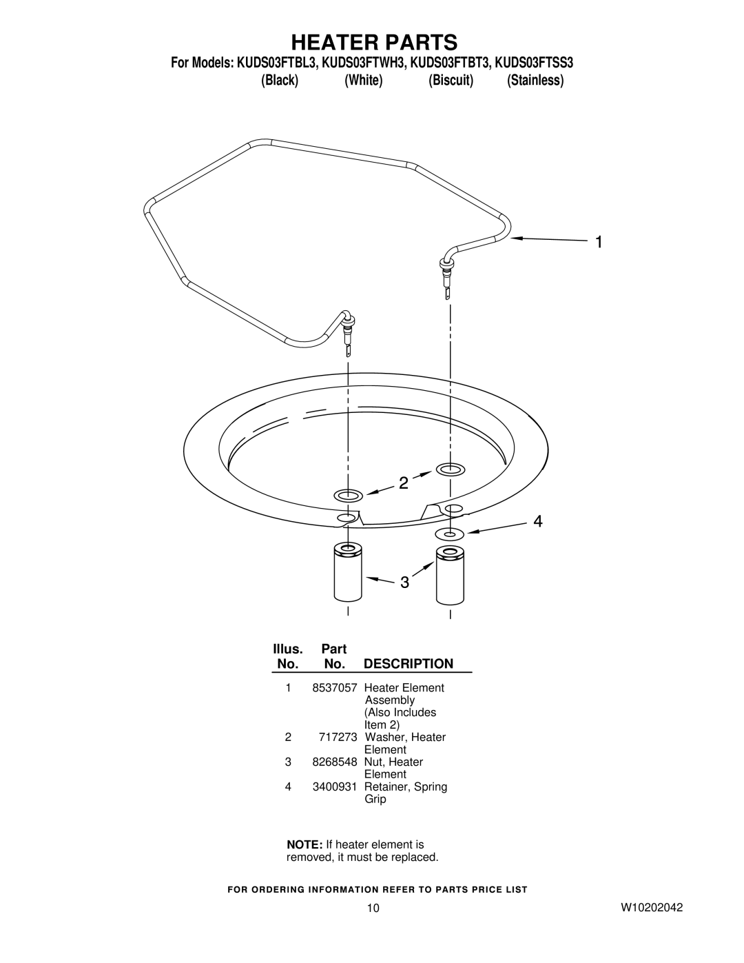 KitchenAid KUDS03FTWH3, KUDS03FTBL3, KUDS03FTBT3, KUDS03FTSS3 manual Heater Parts 