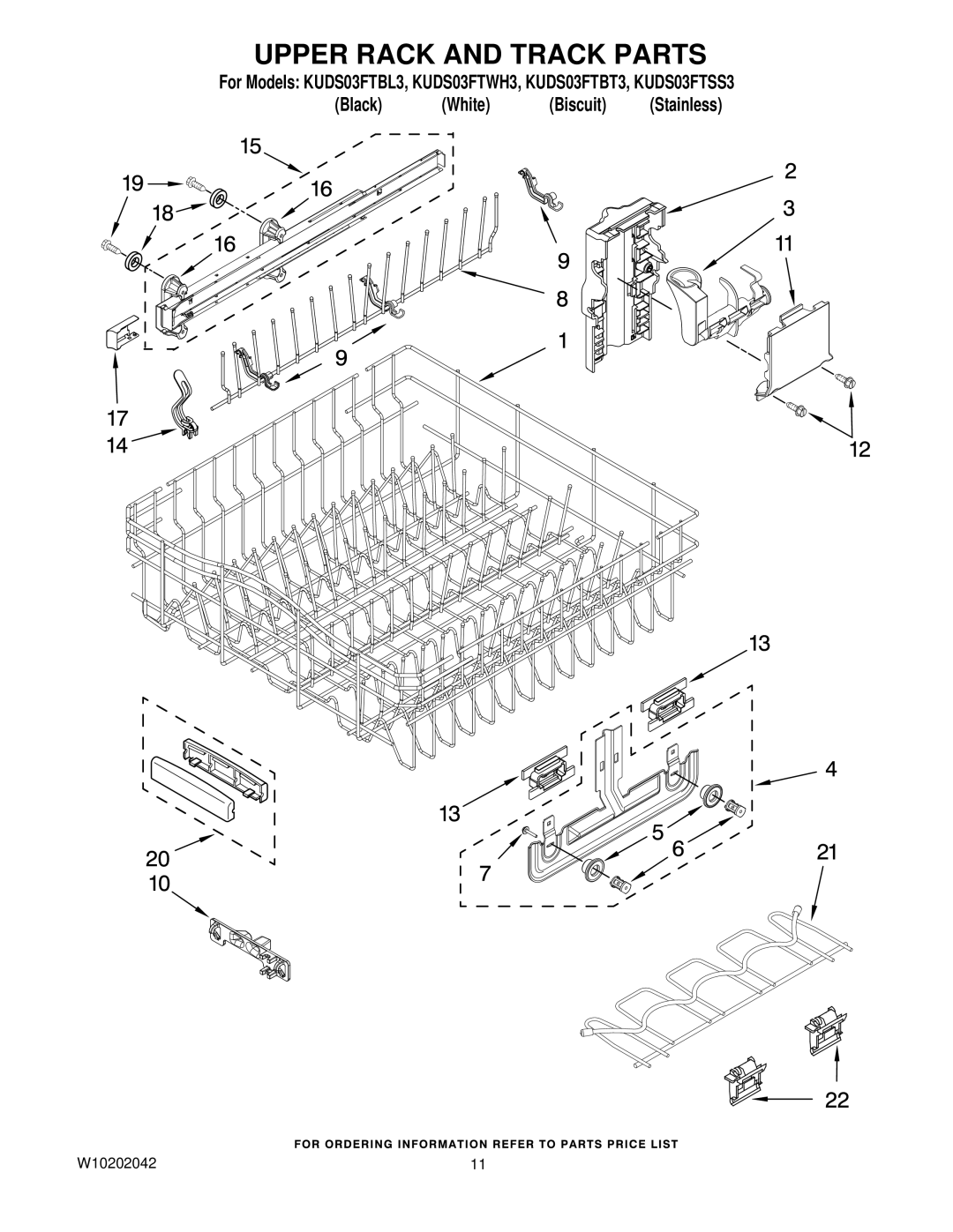 KitchenAid KUDS03FTSS3, KUDS03FTBL3, KUDS03FTBT3, KUDS03FTWH3 manual Upper Rack and Track Parts 