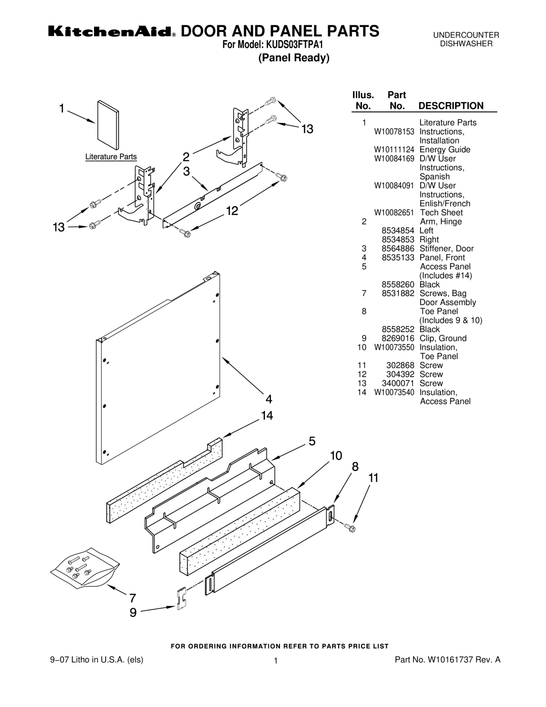 KitchenAid KUDS03FTPA1 manual Door and Panel Parts, Panel Ready 