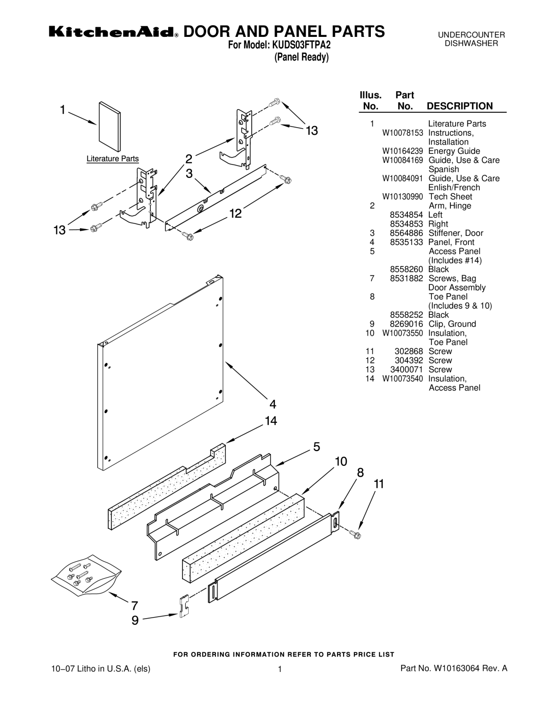 KitchenAid KUDS03FTPA2 manual Door and Panel Parts 