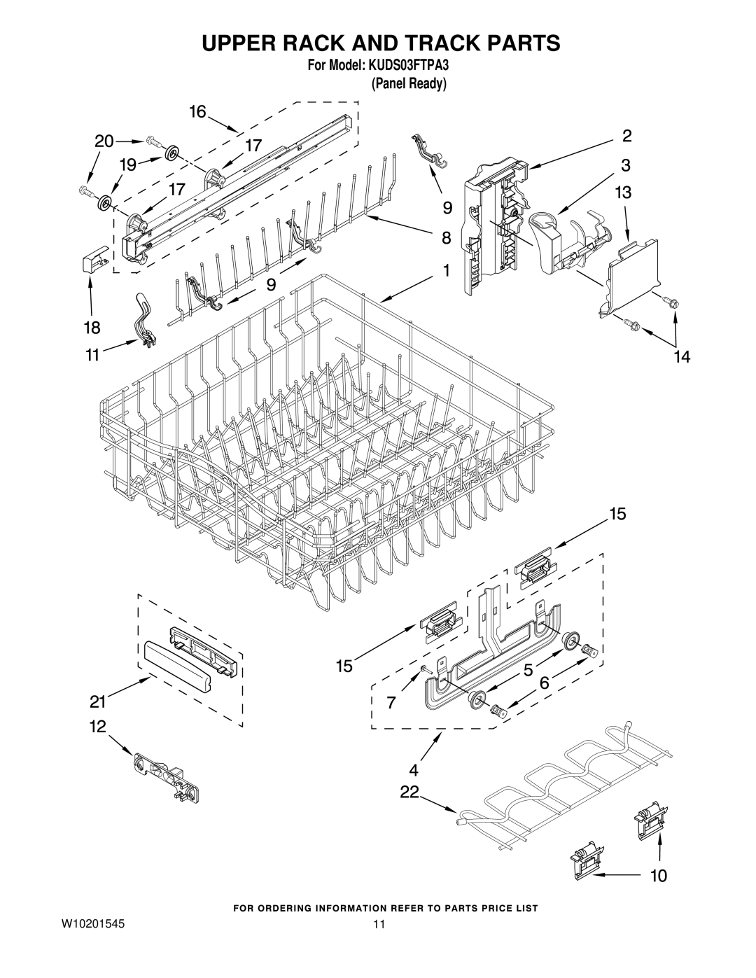 KitchenAid KUDS03FTPA3 manual Upper Rack and Track Parts 