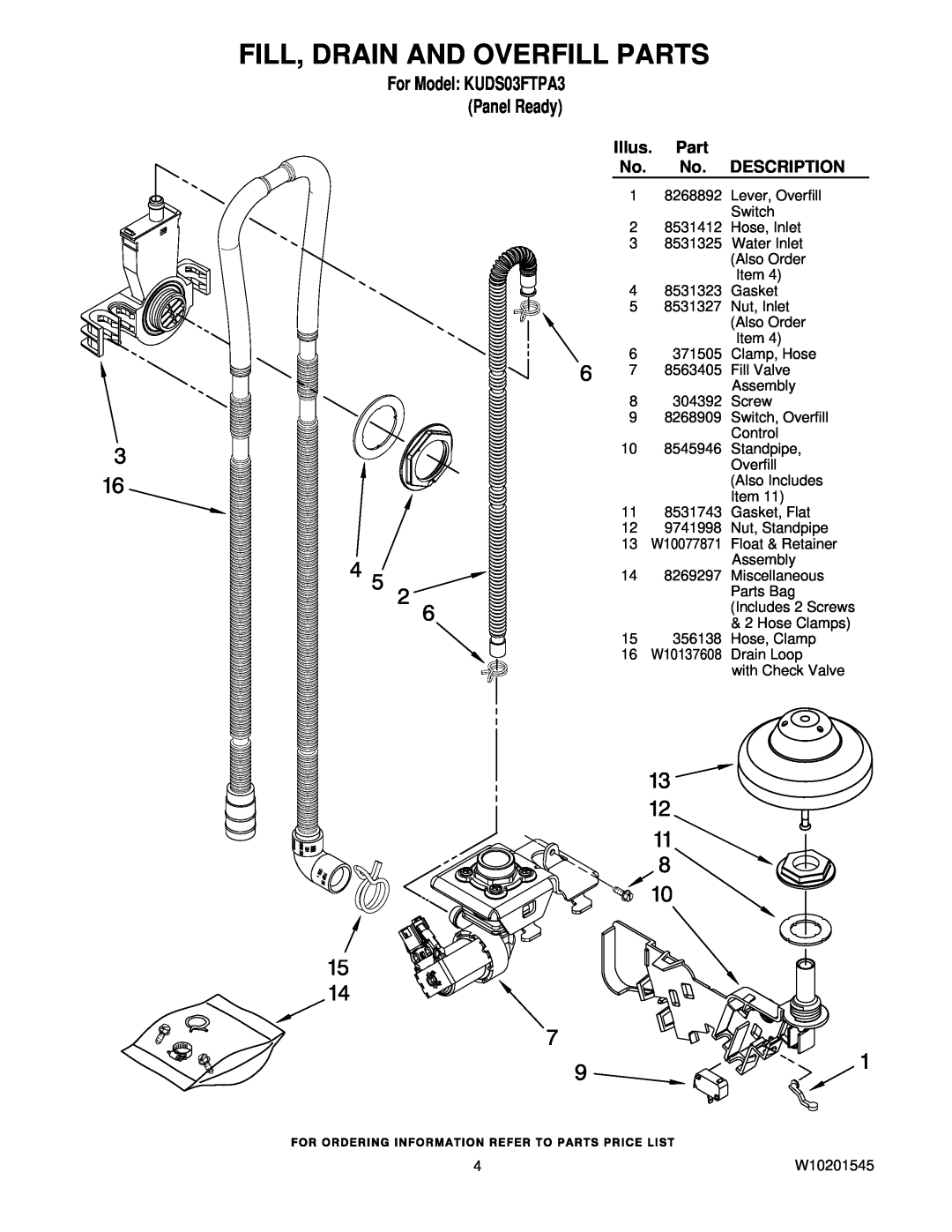 KitchenAid manual Fill, Drain And Overfill Parts, Illus. Part, For Model KUDS03FTPA3 Panel Ready, Description, W10077871 