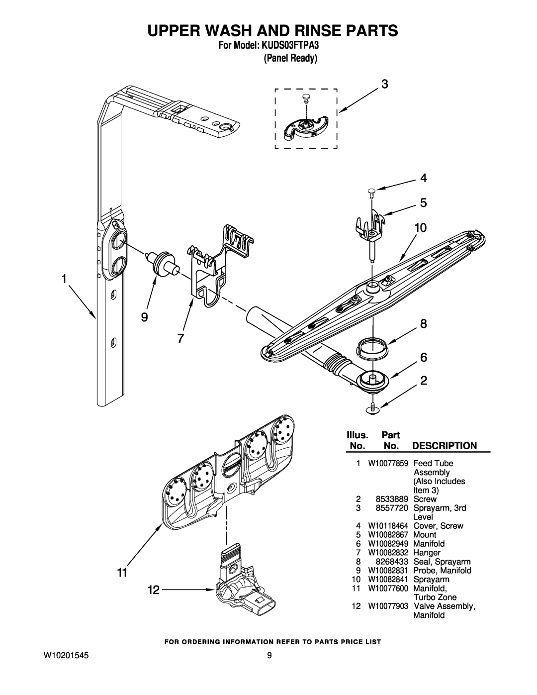 KitchenAid manual Upper Wash And Rinse Parts, For Model KUDS03FTPA3 Panel Ready, Illus. Part, Description, W10077859 