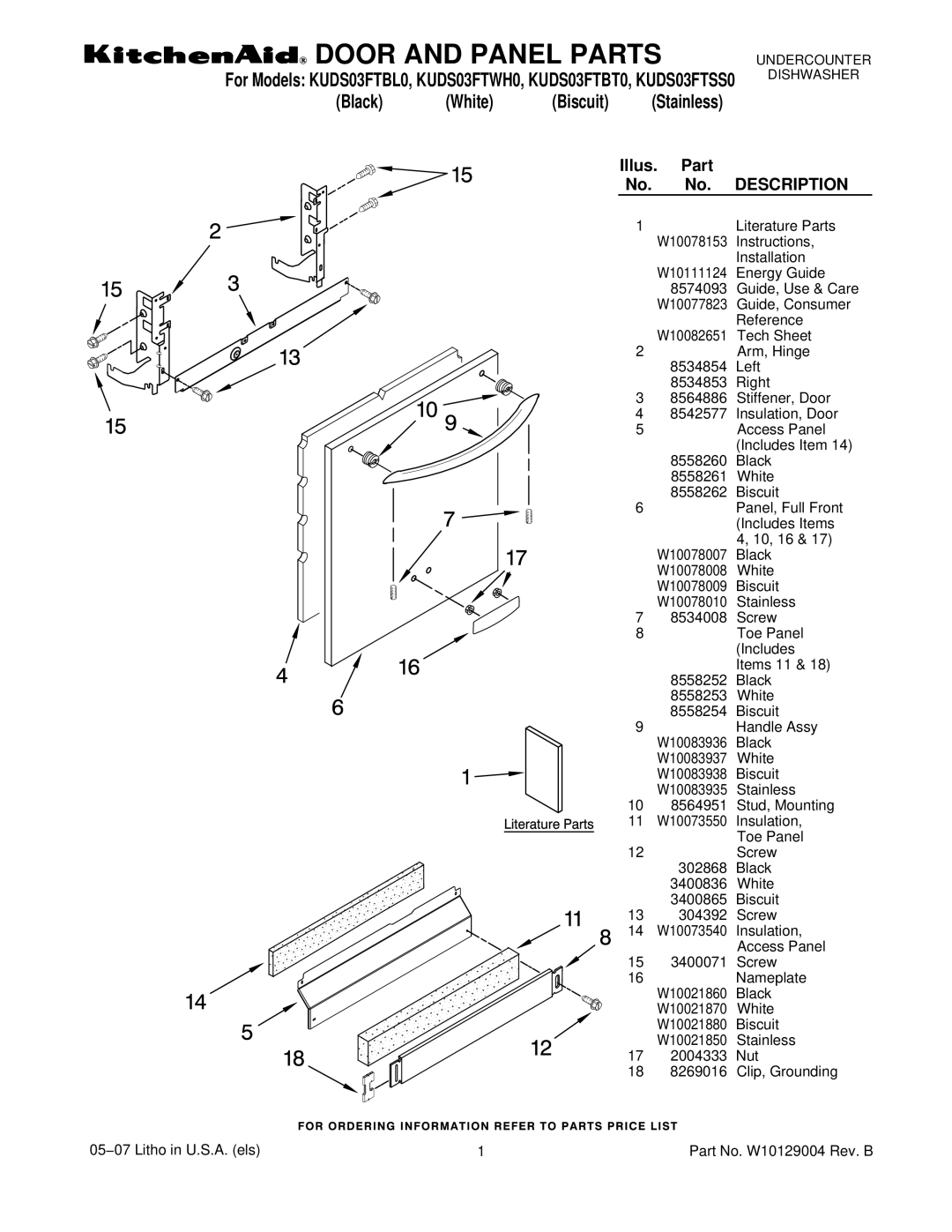 KitchenAid KUDS03FTBT0, KUDS03FTSS0, KUDS03FTWH0, KUDS03FTBL0 manual Door and Panel Parts 