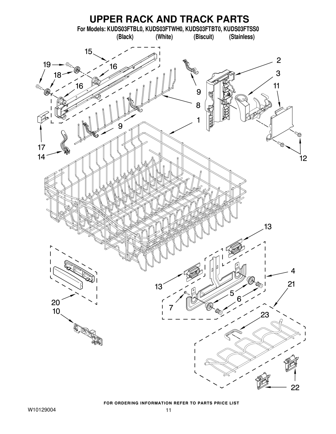 KitchenAid KUDS03FTBL0, KUDS03FTSS0, KUDS03FTBT0, KUDS03FTWH0 manual Upper Rack and Track Parts 