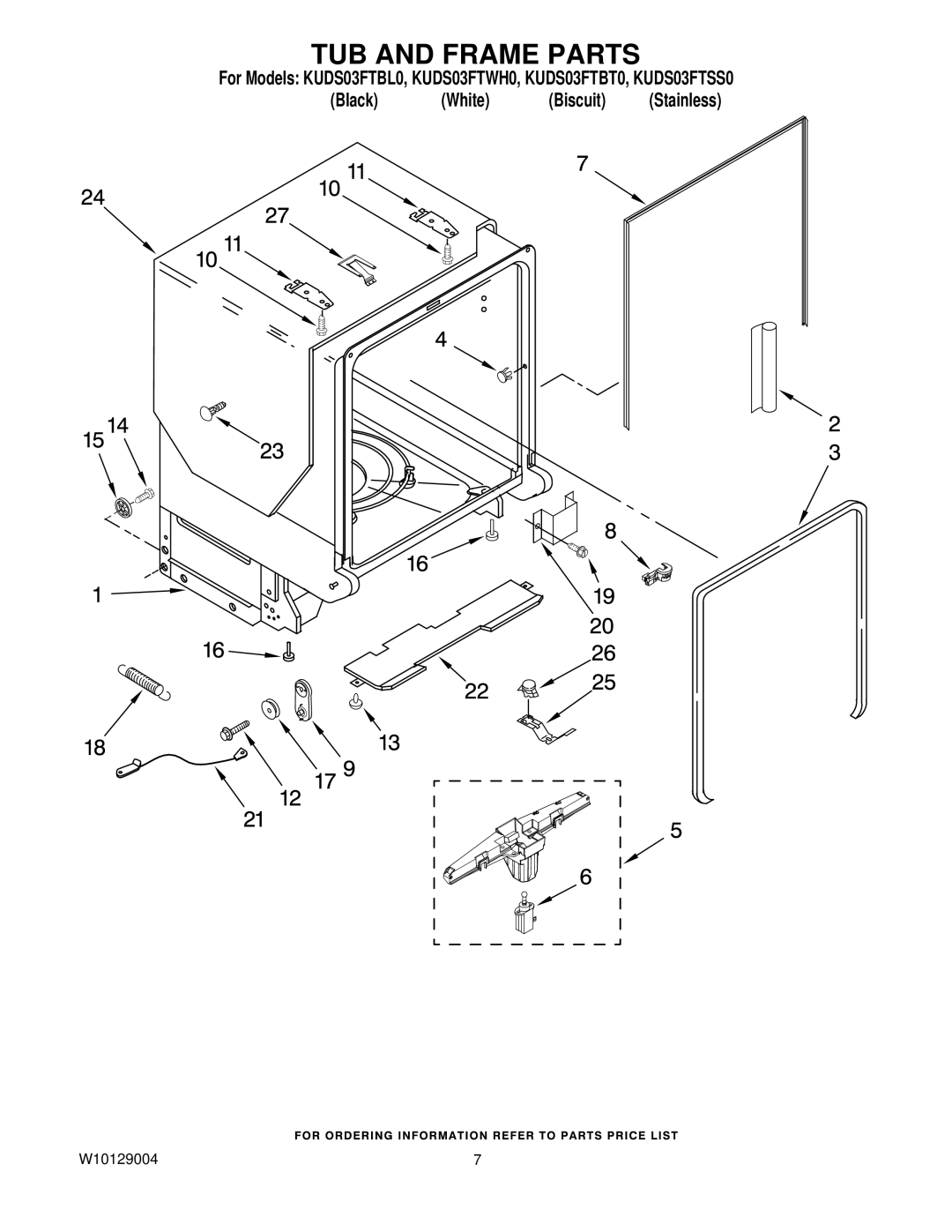 KitchenAid KUDS03FTBL0, KUDS03FTSS0, KUDS03FTBT0, KUDS03FTWH0 manual TUB and Frame Parts 