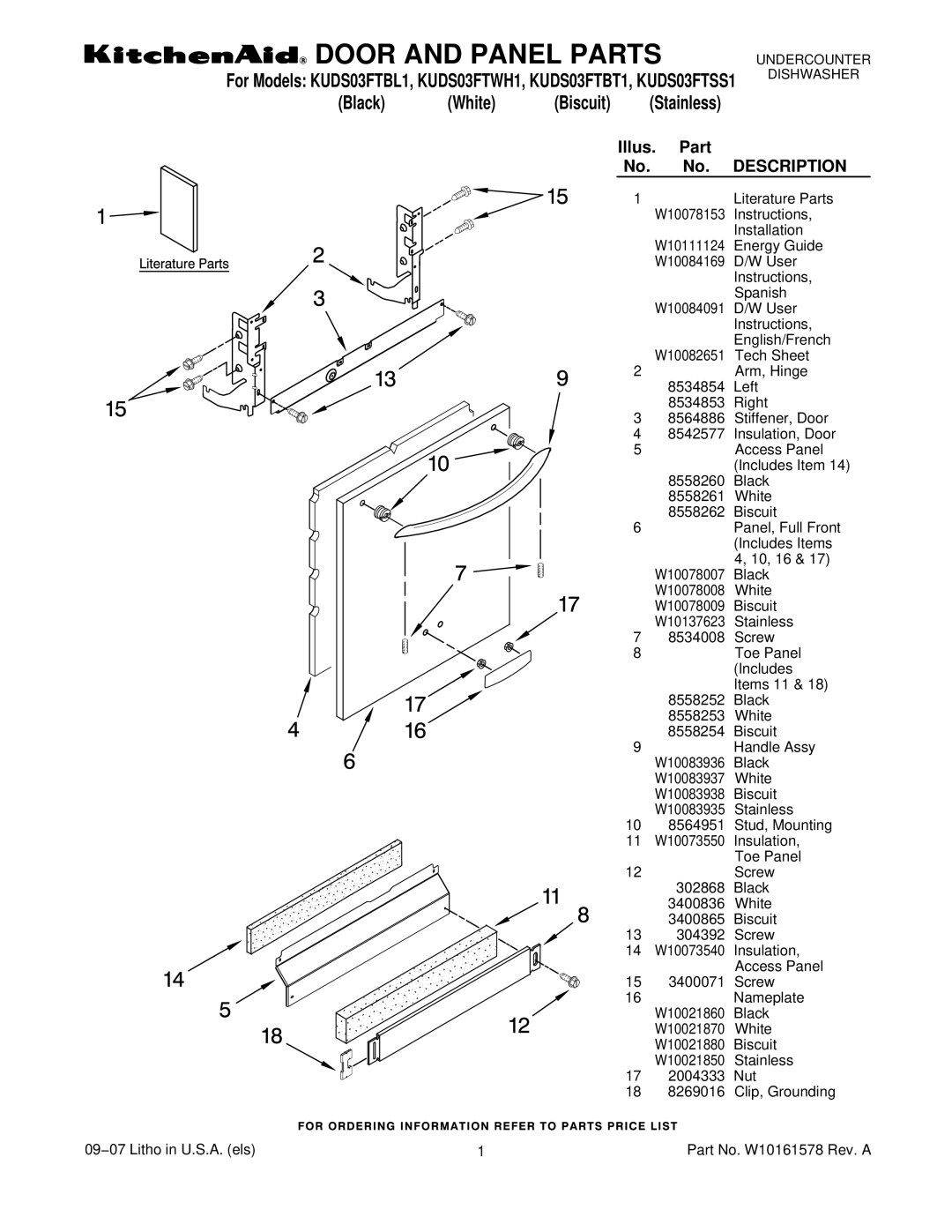 KitchenAid KUDS03FTBL, KUDS03FTSS1, KUDS03FTBT1, KUDS03FTWH1 manual Door and Panel Parts 