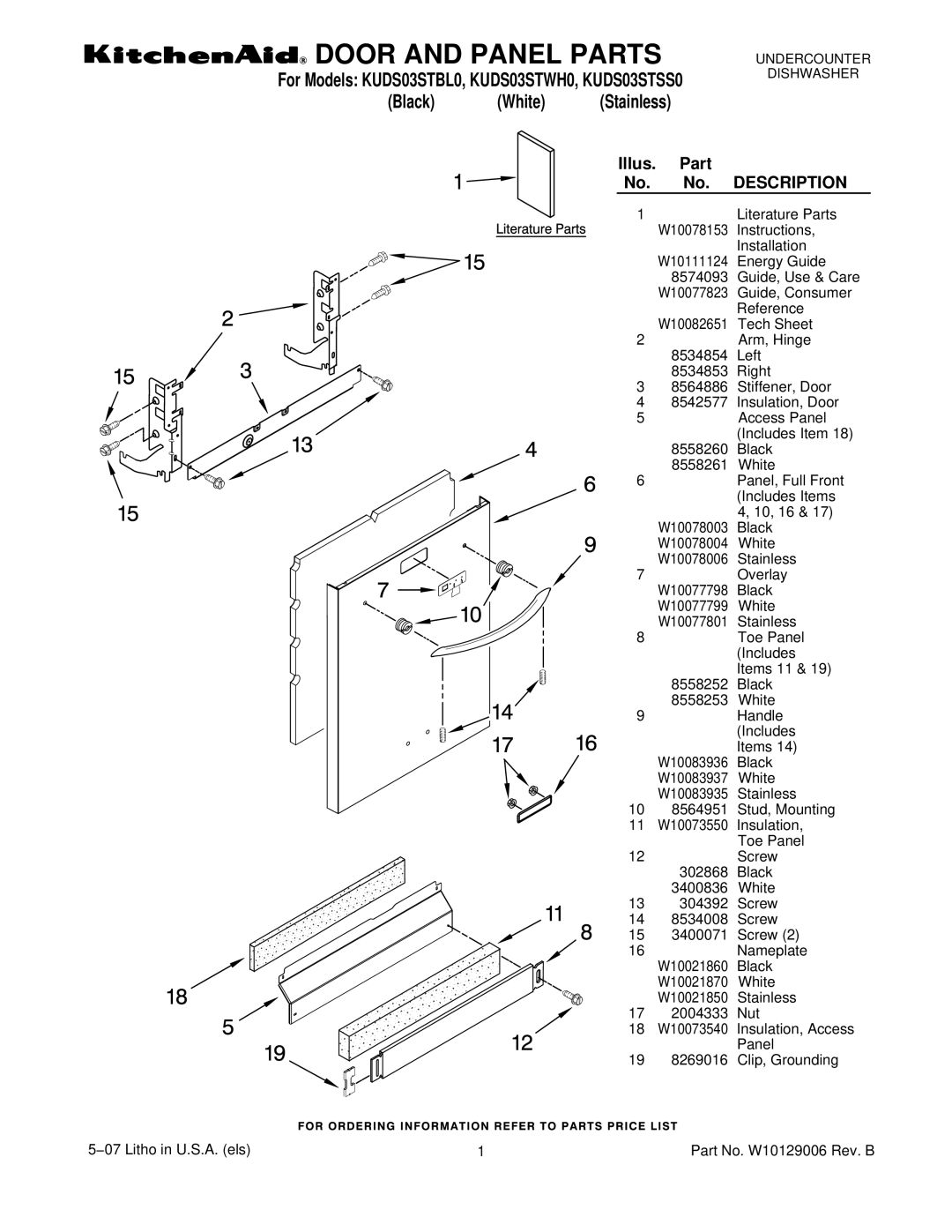 KitchenAid KUDS03STBL0, KUDS03STSS0, KUDS03STWH0 manual Door and Panel Parts 