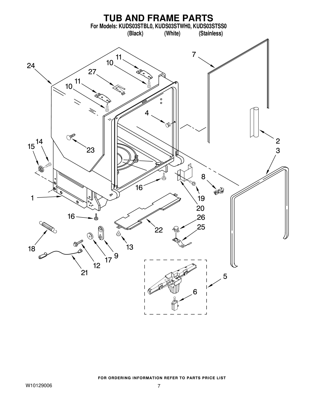 KitchenAid KUDS03STBL0, KUDS03STSS0, KUDS03STWH0 manual TUB and Frame Parts 