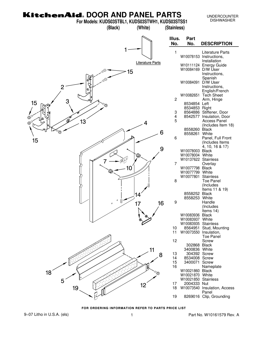 KitchenAid KUDS03STWH1, KUDS03STSS1, KUDS03STBL1 manual Door and Panel Parts 