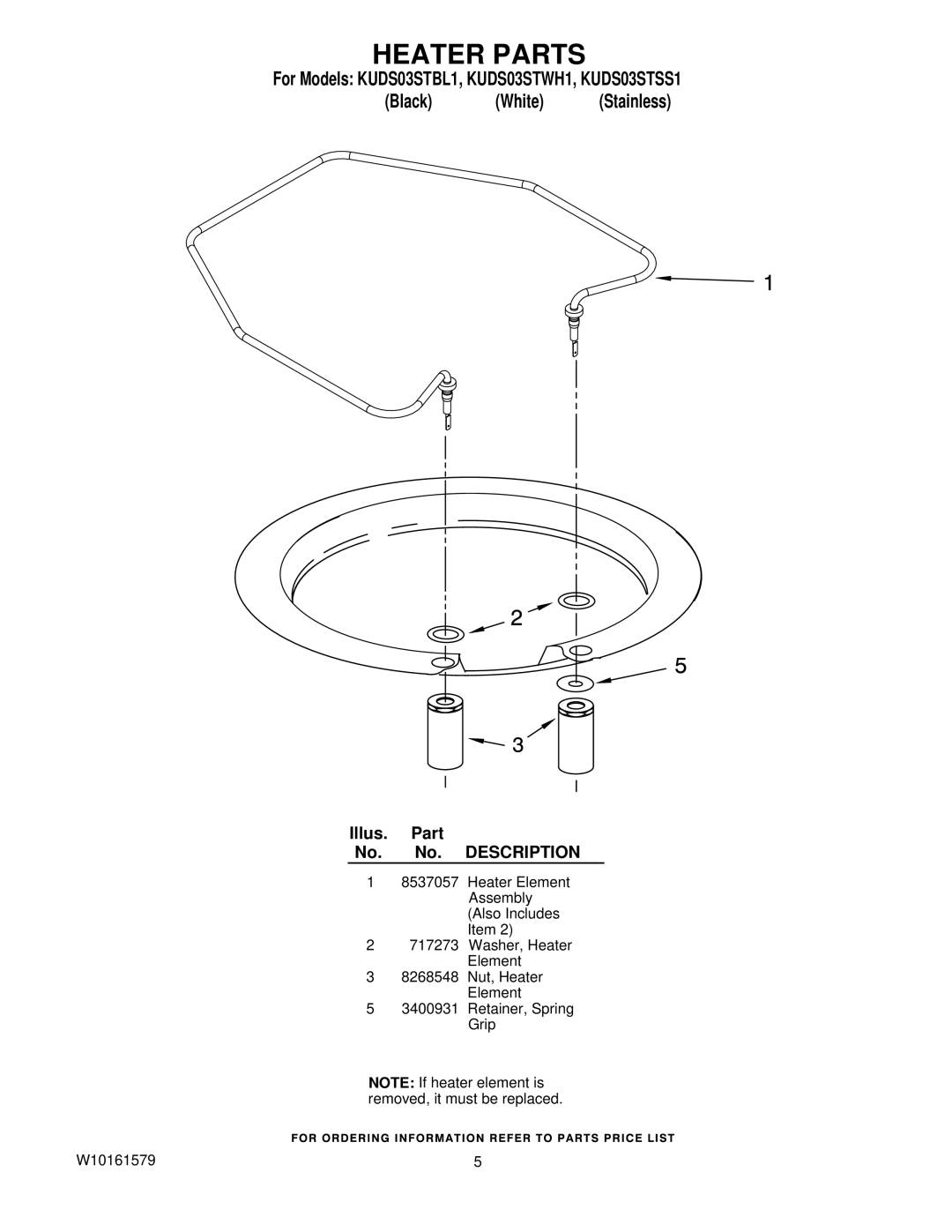 KitchenAid KUDS03STBL1, KUDS03STSS1, KUDS03STWH1 manual Heater Parts 