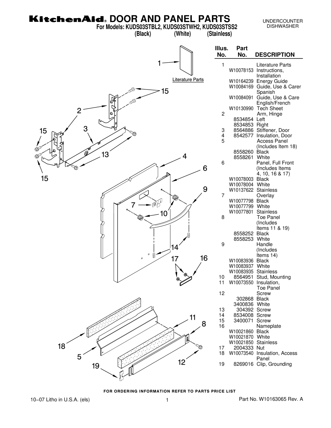 KitchenAid KUDS03STSS2, KUDS03STWH2, KUDS03STBL2 manual Door and Panel Parts 