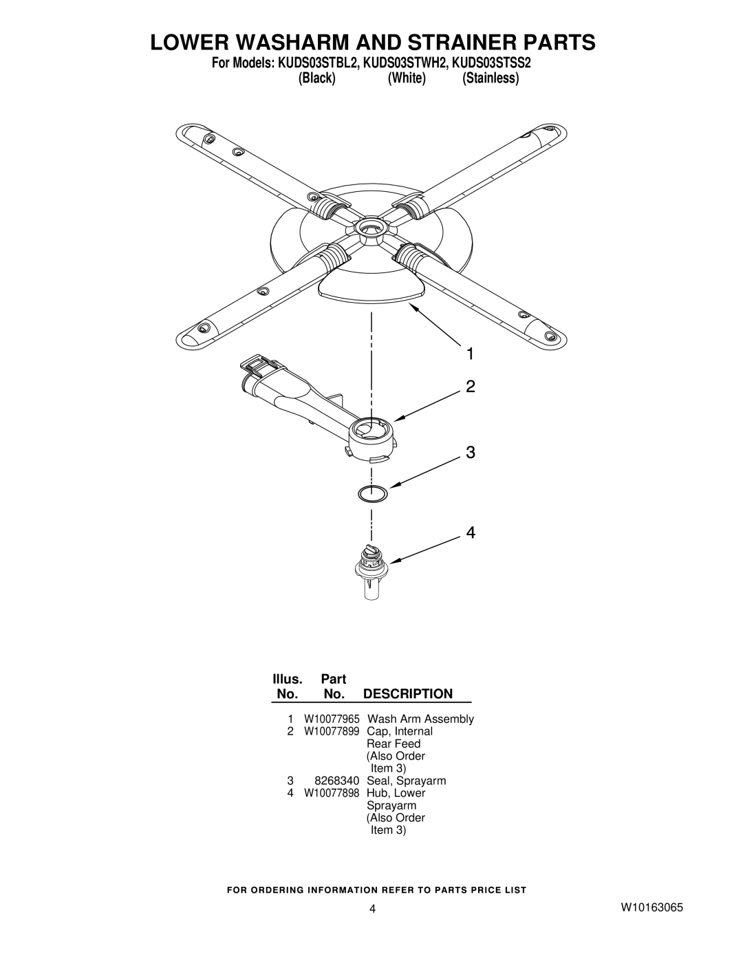 KitchenAid KUDS03STSS2, KUDS03STWH2, KUDS03STBL2 manual Lower Washarm and Strainer Parts 