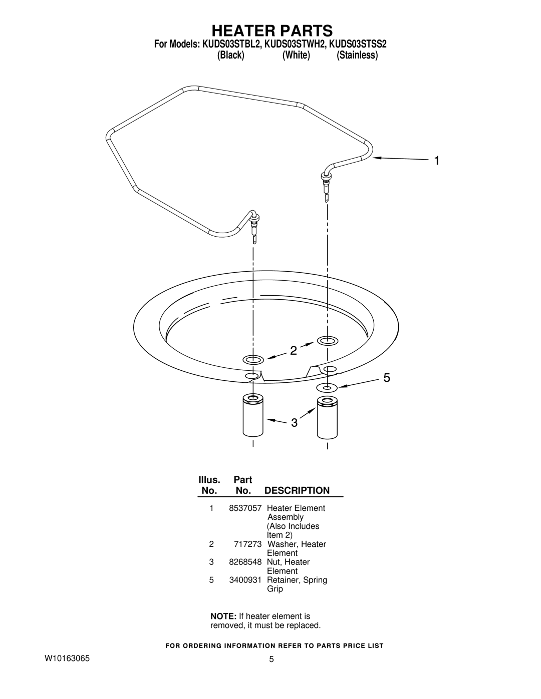 KitchenAid KUDS03STBL2, KUDS03STWH2, KUDS03STSS2 manual Heater Parts 