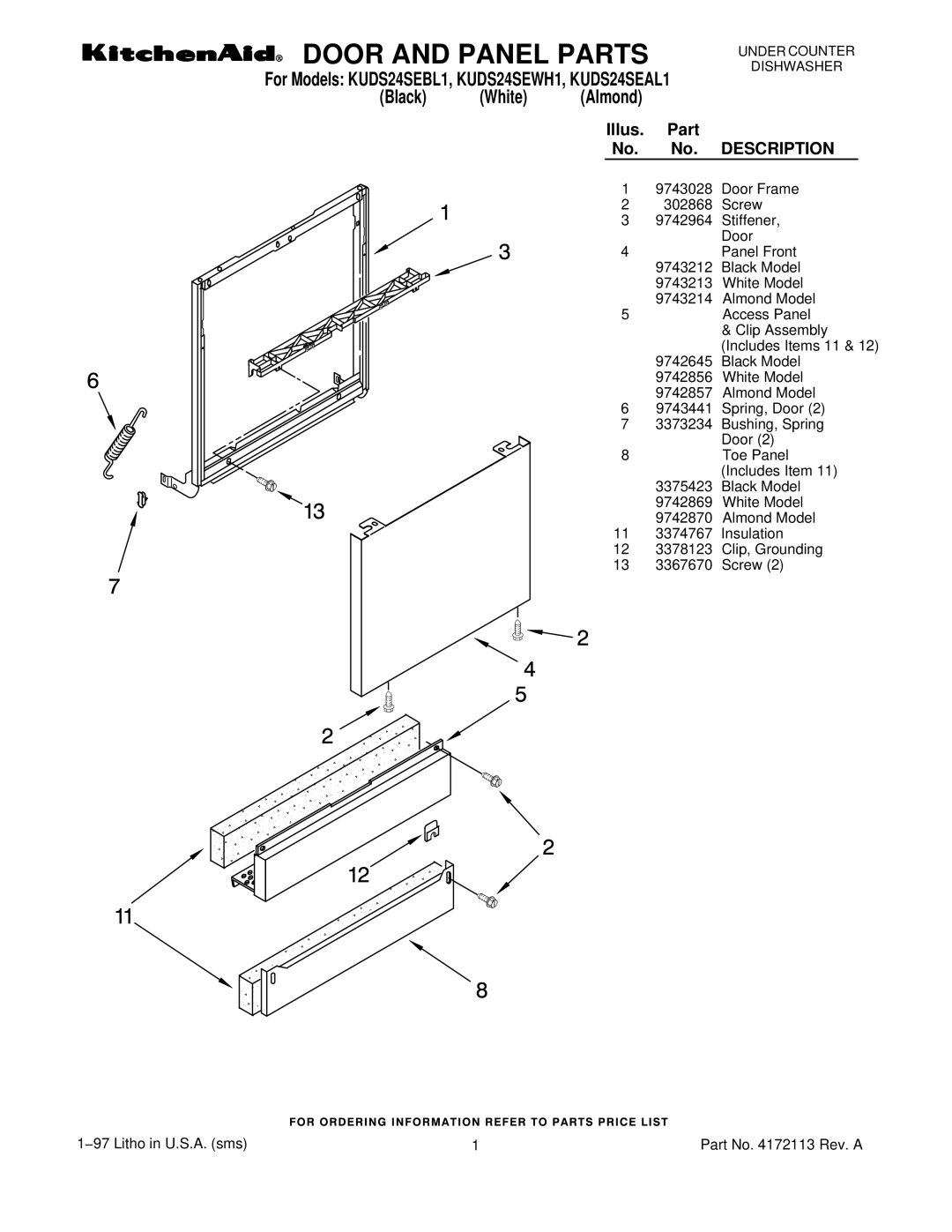 KitchenAid KUDS24SEWH1, KUDS24SEAL1, KUDS24SEBL1 manual Door and Panel Parts, Illus. Part No. No. Description 