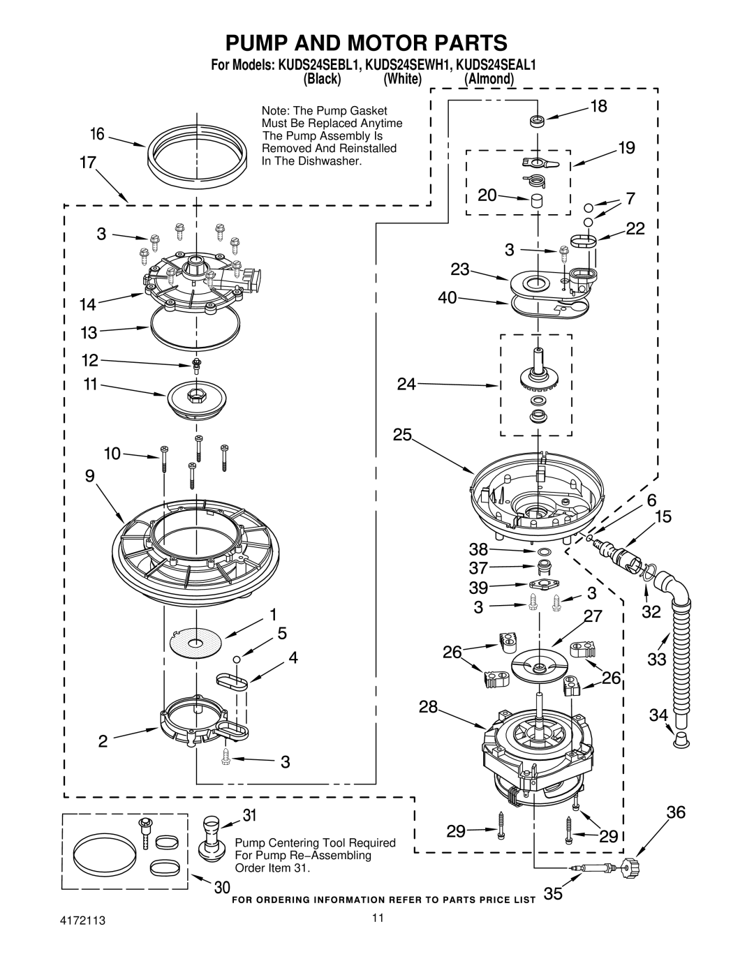 KitchenAid KUDS24SEBL1, KUDS24SEAL1, KUDS24SEWH1 manual Pump and Motor Parts 