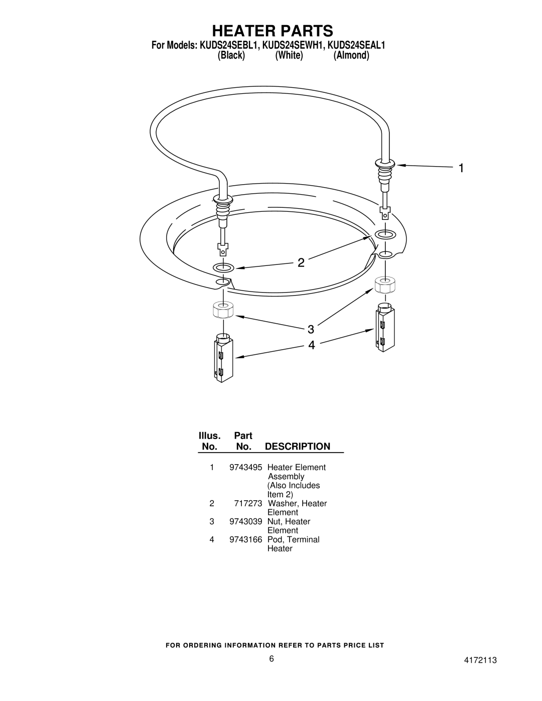 KitchenAid KUDS24SEAL1, KUDS24SEWH1, KUDS24SEBL1 manual Heater Parts 