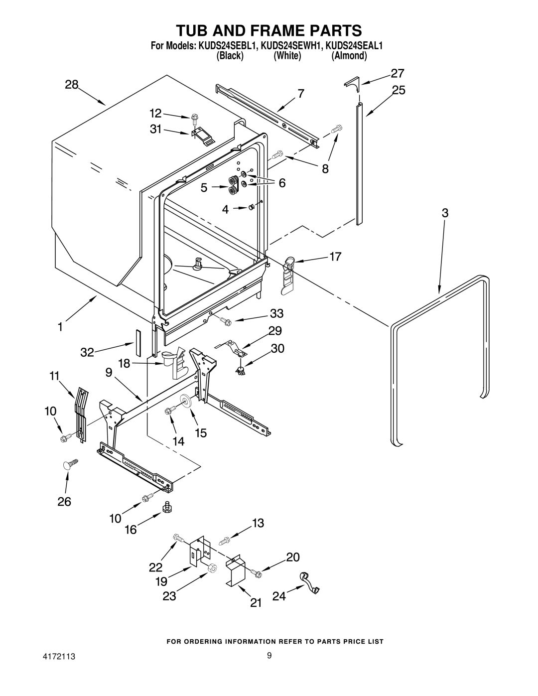 KitchenAid KUDS24SEAL1, KUDS24SEWH1, KUDS24SEBL1 manual TUB and Frame Parts 