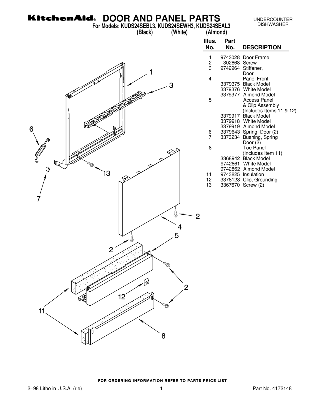 KitchenAid KUDS24SEWH3, KUDS24SEAL3, KUDS24SEBL3 manual Door and Panel Parts, Illus. Part No. No. Description 