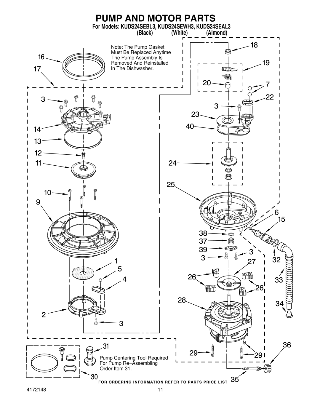 KitchenAid KUDS24SEBL3, KUDS24SEAL3, KUDS24SEWH3 manual Pump and Motor Parts 