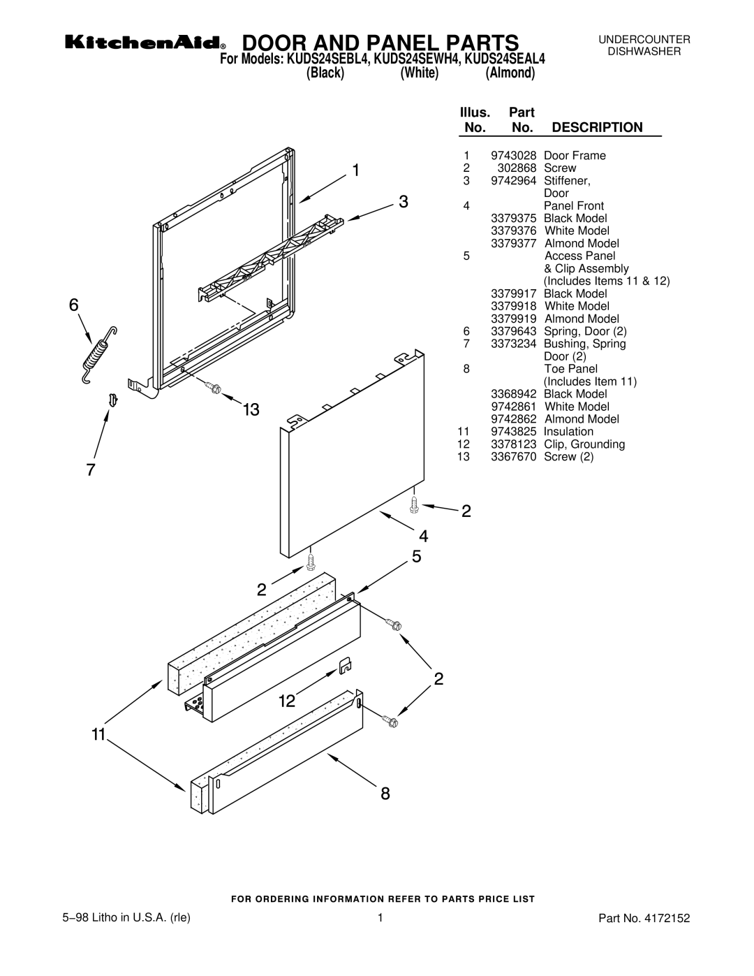 KitchenAid KUDS24SEBL4, KUDS24SEWH4, KUDS24SEAL4 manual Door and Panel Parts, Illus. Part No. No. Description 