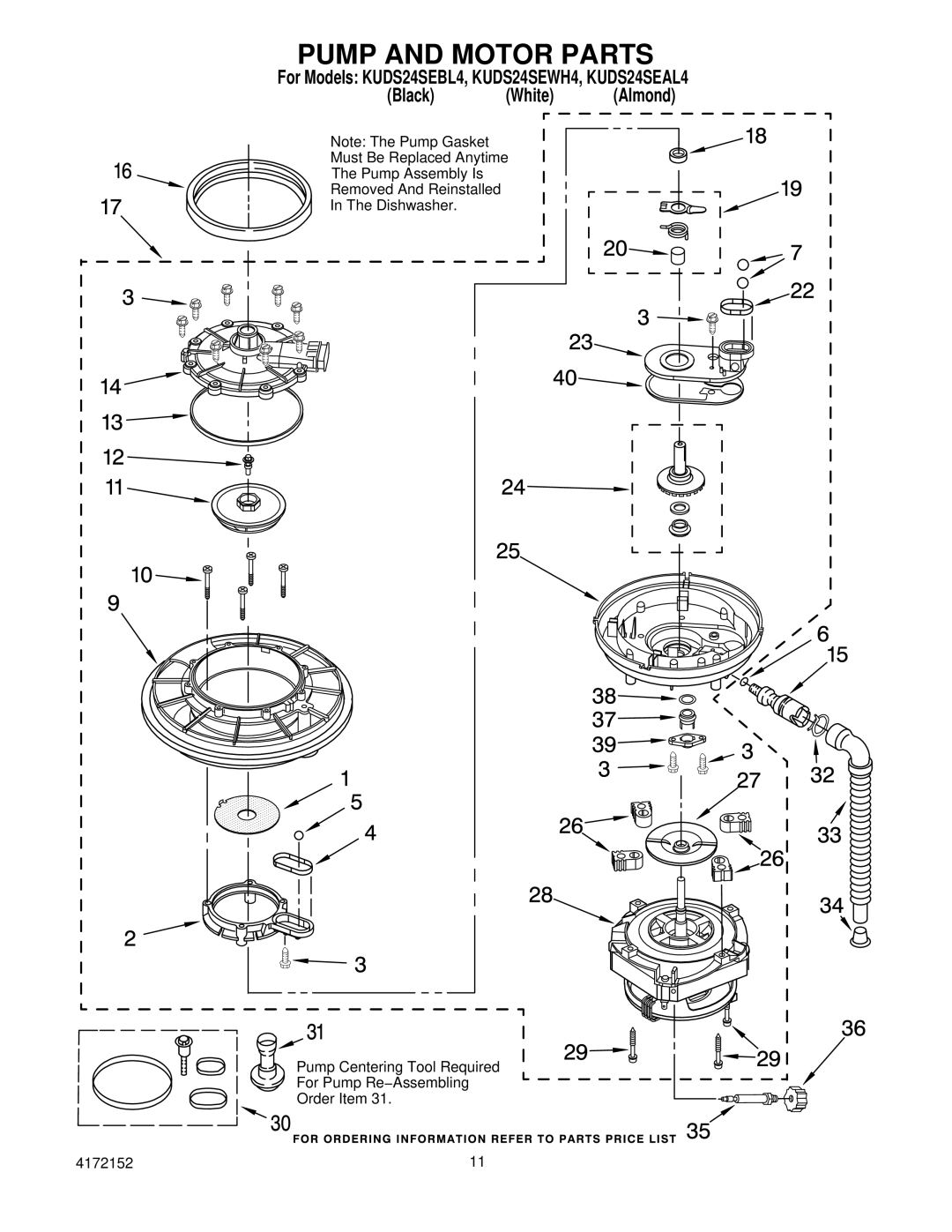 KitchenAid KUDS24SEAL4, KUDS24SEWH4, KUDS24SEBL4 manual Pump and Motor Parts 