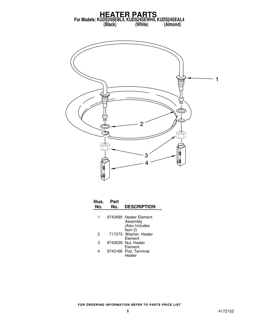 KitchenAid KUDS24SEWH4, KUDS24SEBL4, KUDS24SEAL4 manual Heater Parts 