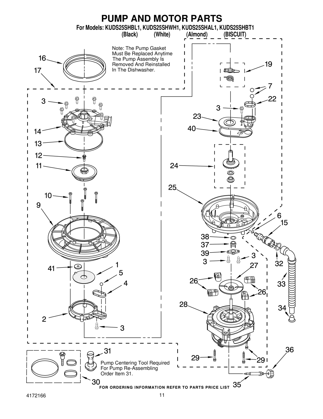 KitchenAid KUDS25SHBT1, KUDS25SHWH1, KUDS25SHAL1, KUDS25SHBL1 manual Pump and Motor Parts 