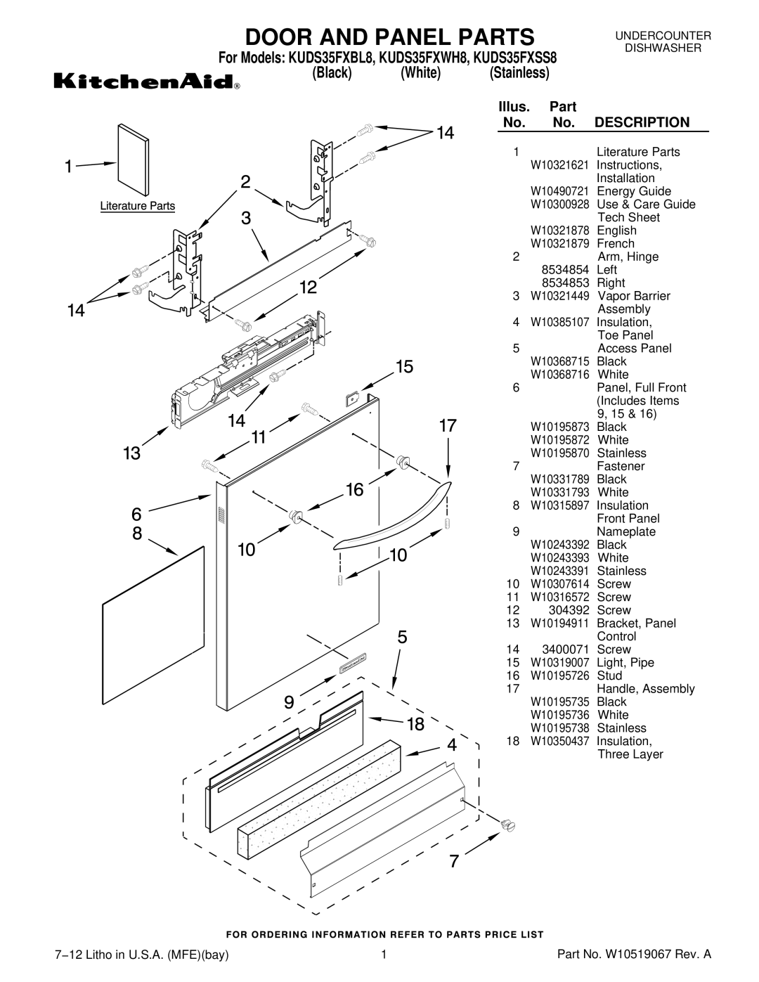 KitchenAid KUDS35FXWH8, KUDS35FXSS8, KUDS35FXBL8 manual Door and Panel Parts, Description 