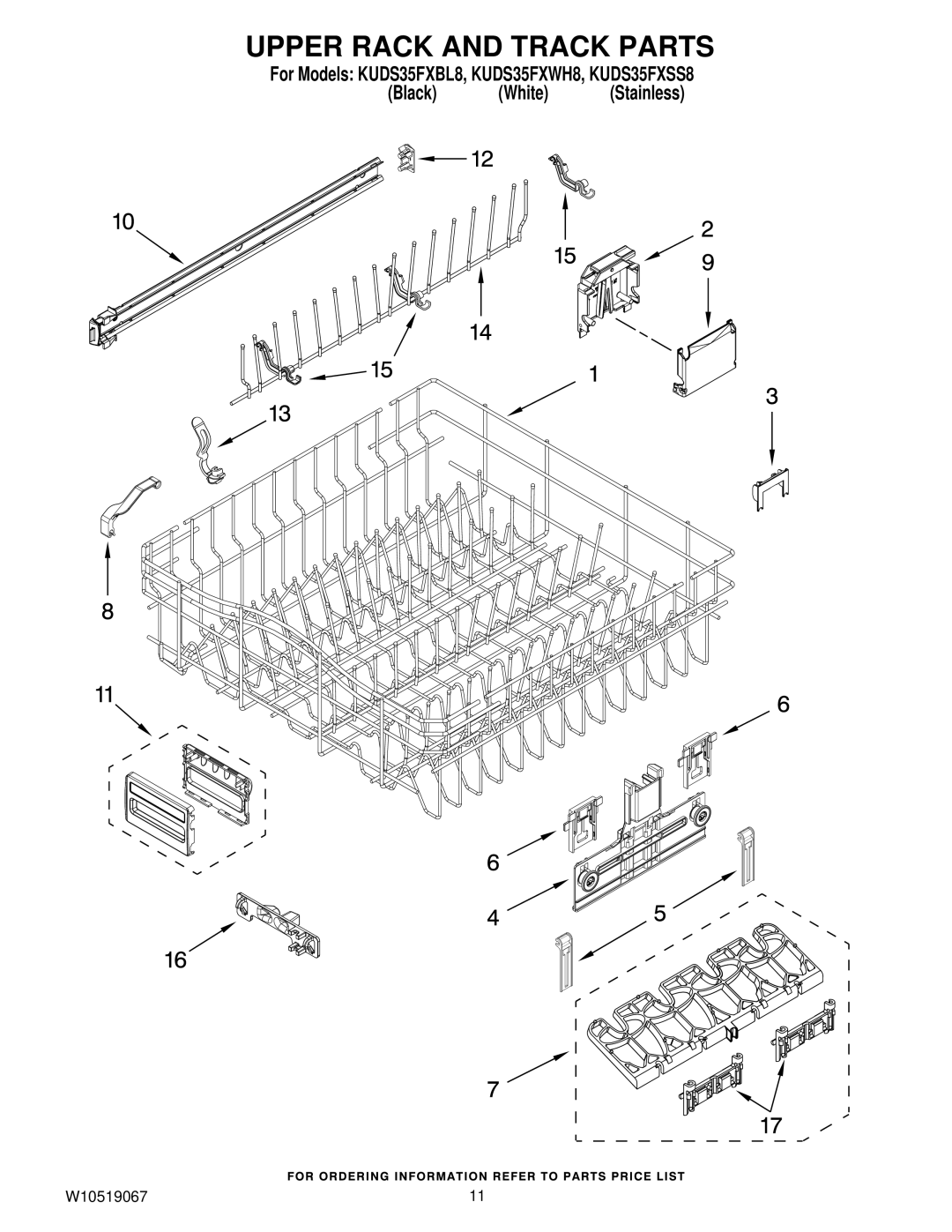 KitchenAid KUDS35FXBL8, KUDS35FXSS8, KUDS35FXWH8 manual Upper Rack and Track Parts 