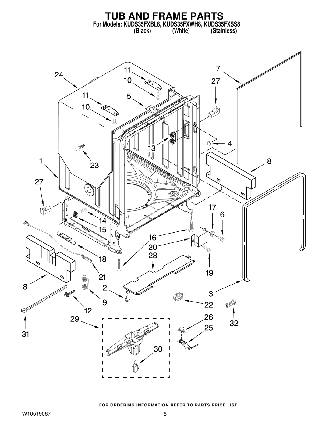 KitchenAid KUDS35FXBL8, KUDS35FXSS8, KUDS35FXWH8 manual TUB and Frame Parts 