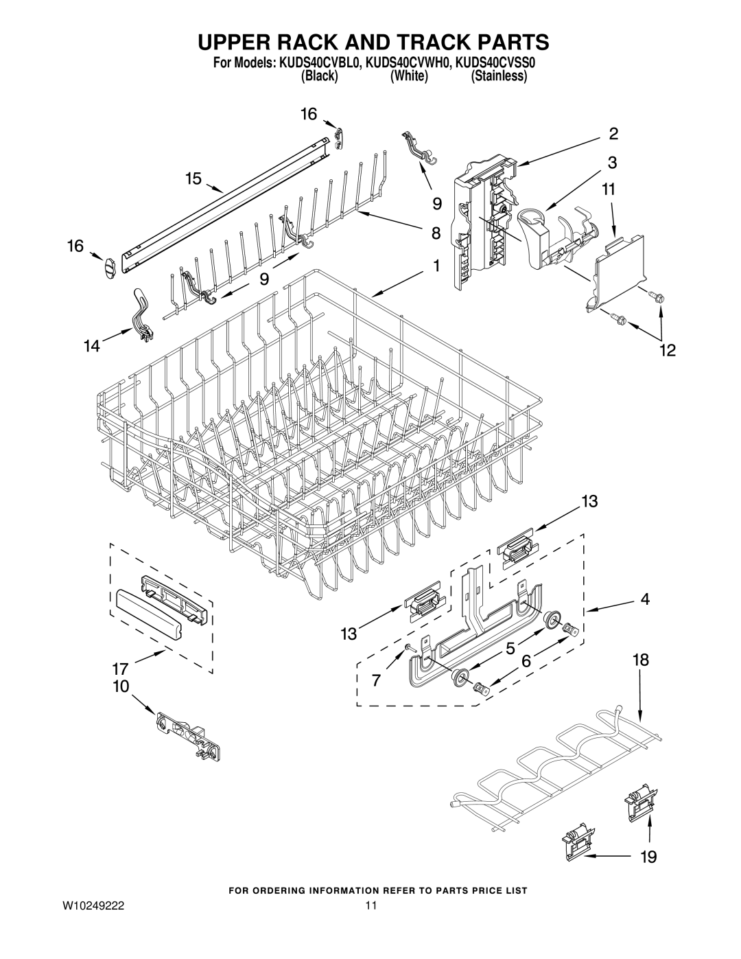 KitchenAid KUDS40CVBL0, KUDS40CVWH0, KUDS40CVSS0 manual Upper Rack and Track Parts 