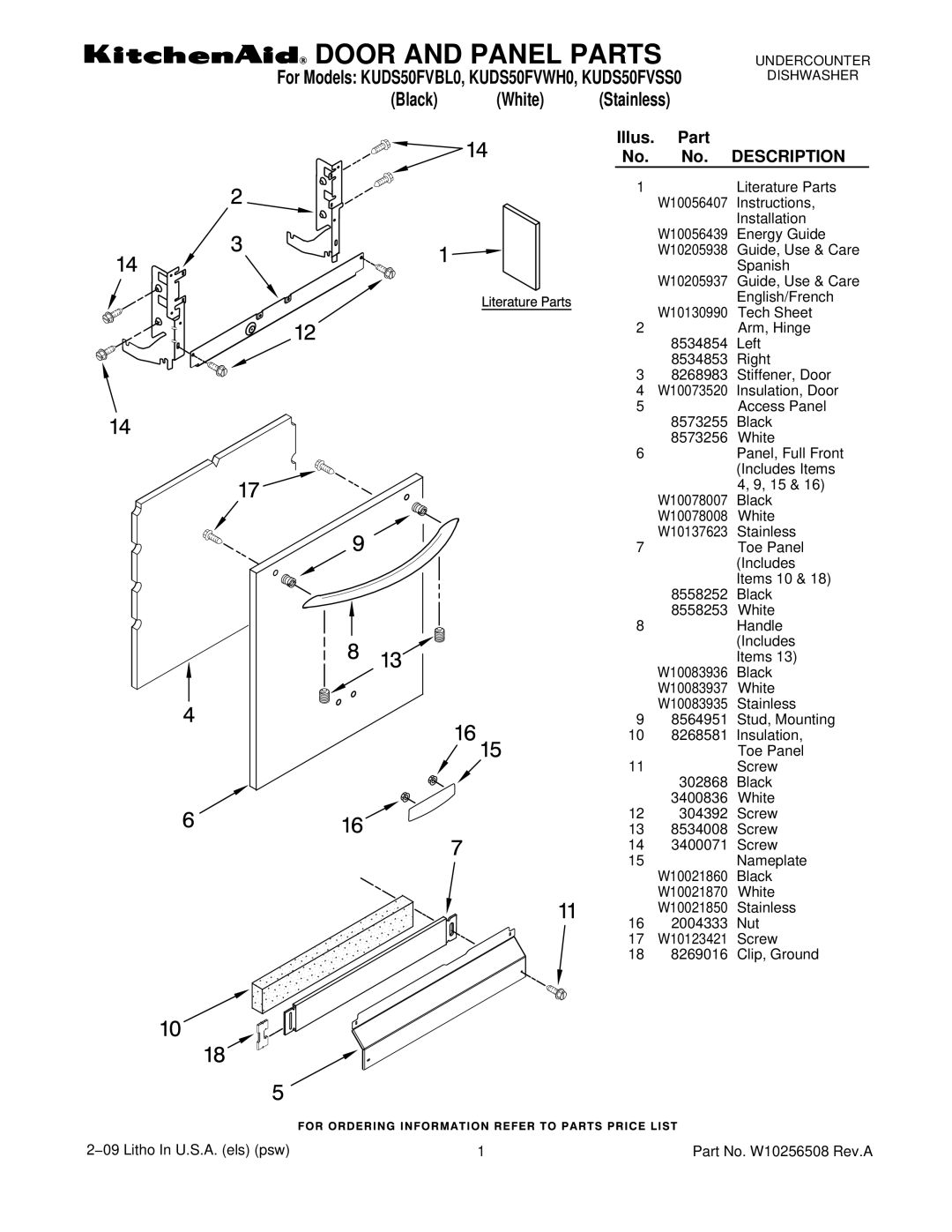 KitchenAid KUDS50FVBL0, KUDS50FVWH0, KUDS50FVSS0 manual Door and Panel Parts 