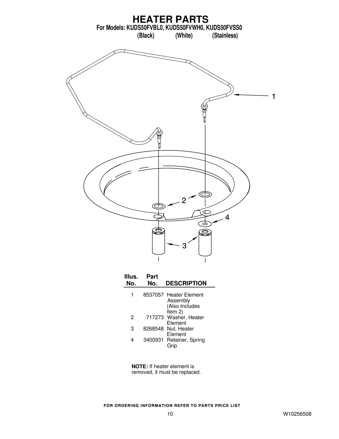 KitchenAid KUDS50FVBL0, KUDS50FVWH0, KUDS50FVSS0 manual Heater Parts 