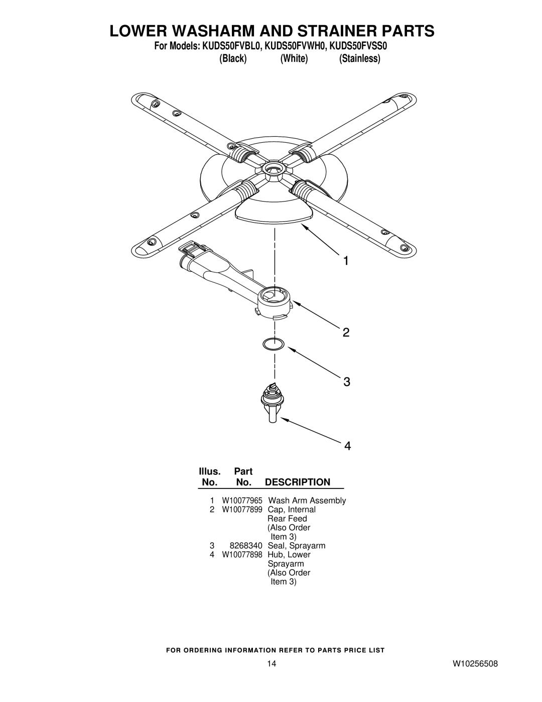 KitchenAid KUDS50FVSS0, KUDS50FVWH0, KUDS50FVBL0 manual Lower Washarm and Strainer Parts 