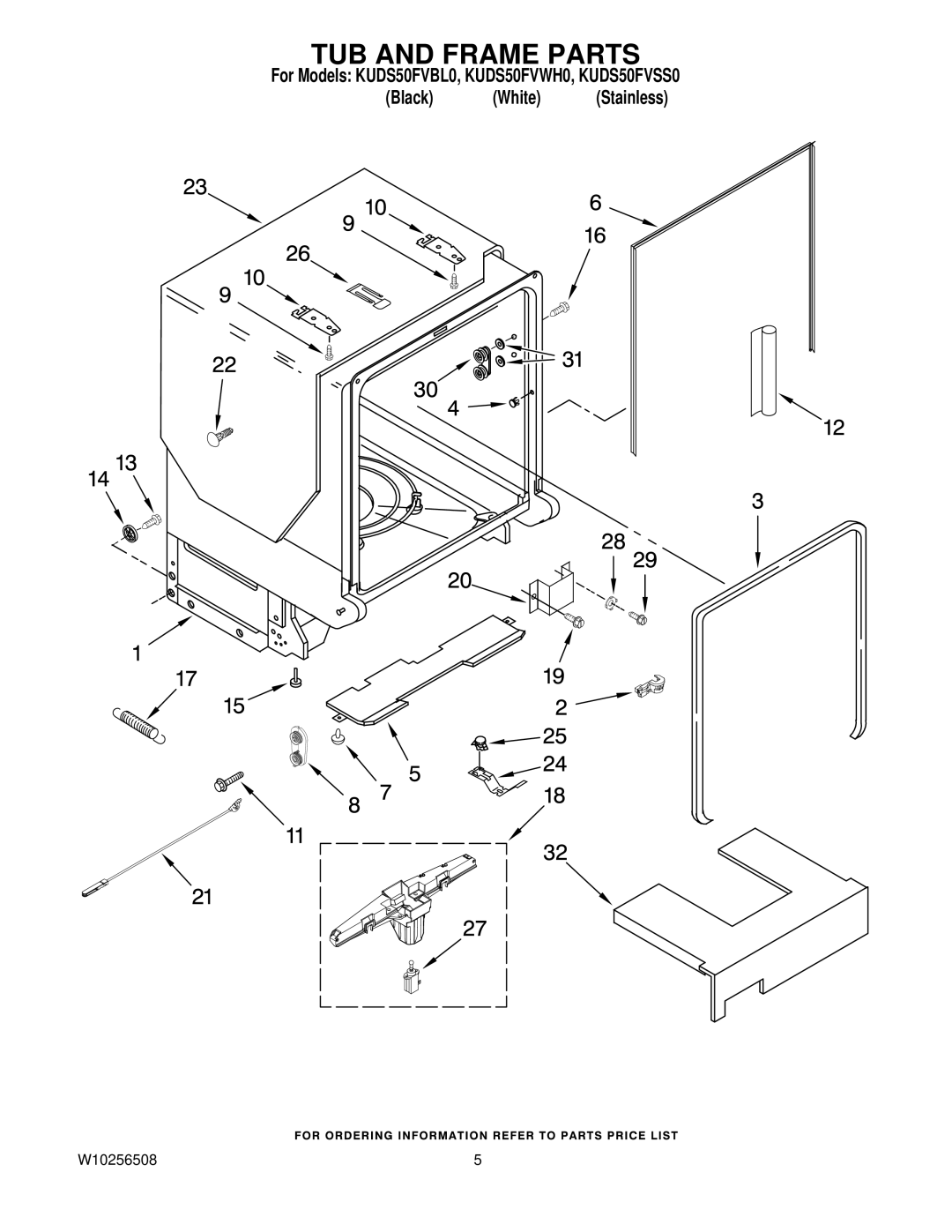 KitchenAid KUDS50FVSS0, KUDS50FVWH0, KUDS50FVBL0 manual TUB and Frame Parts 