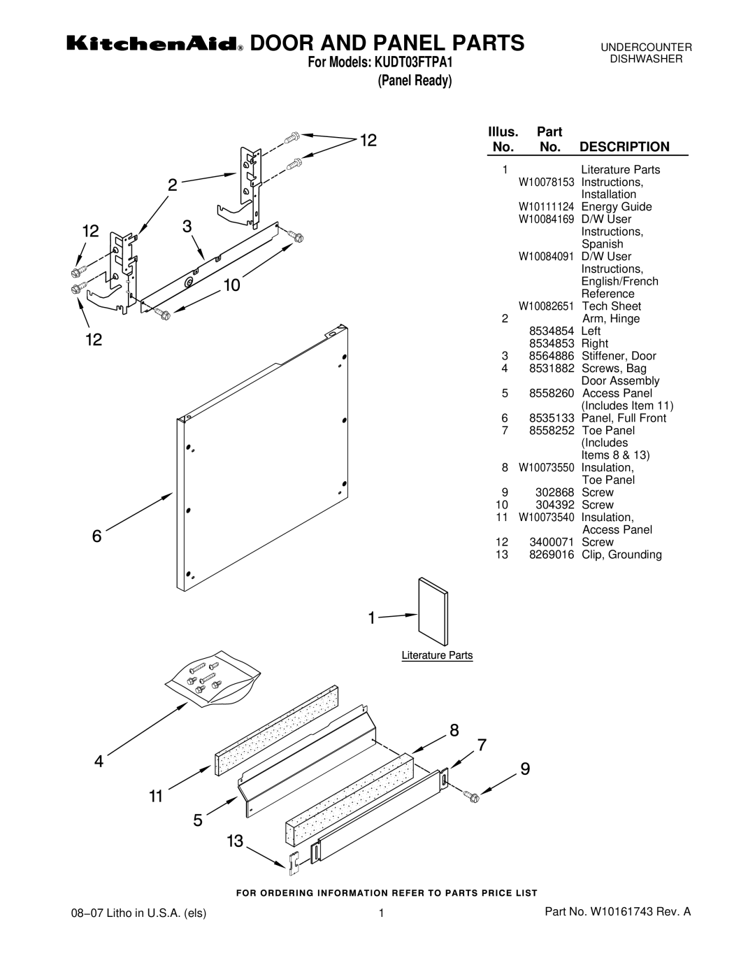 KitchenAid KUDT03FTPA1 manual Door and Panel Parts 