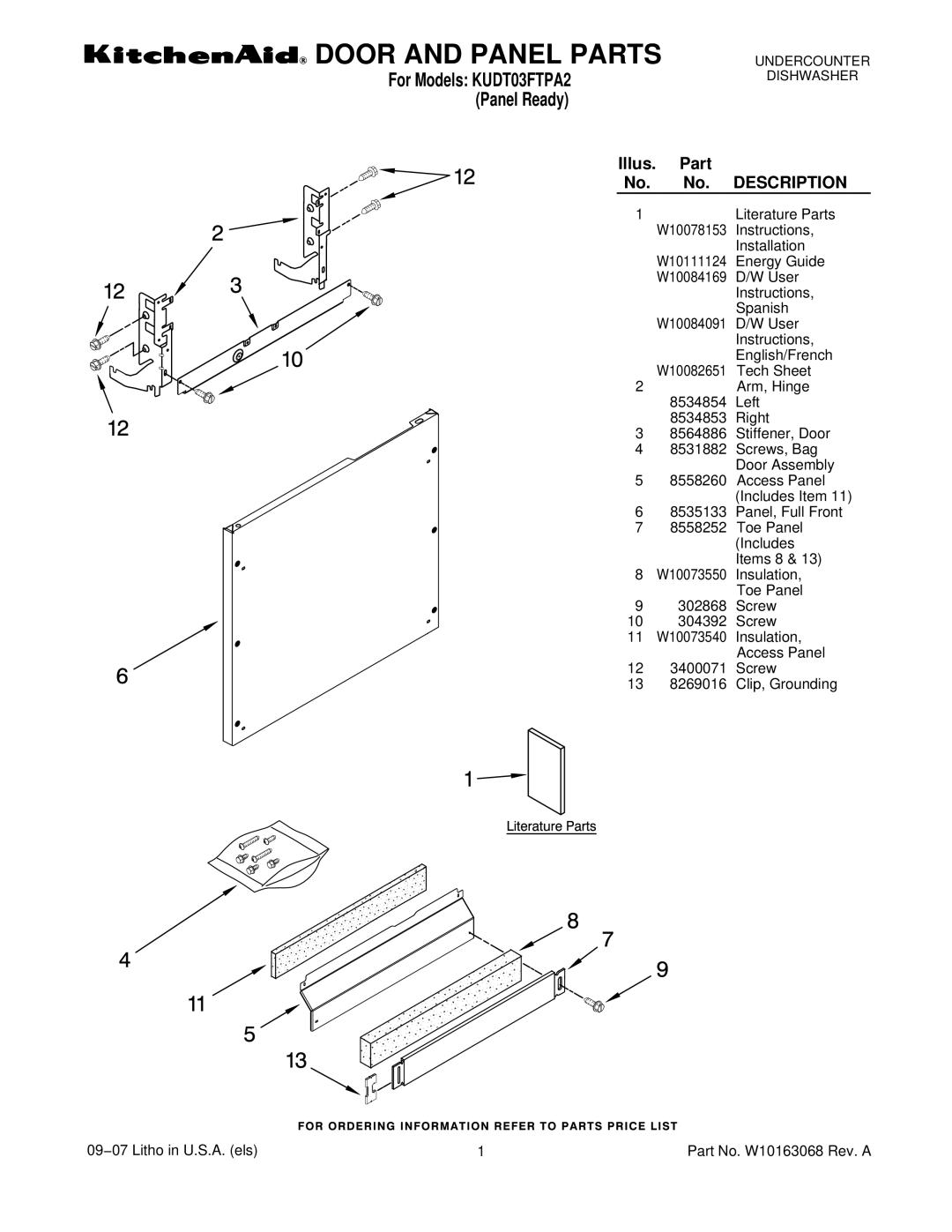 KitchenAid KUDT03FTPA2 manual Door and Panel Parts 