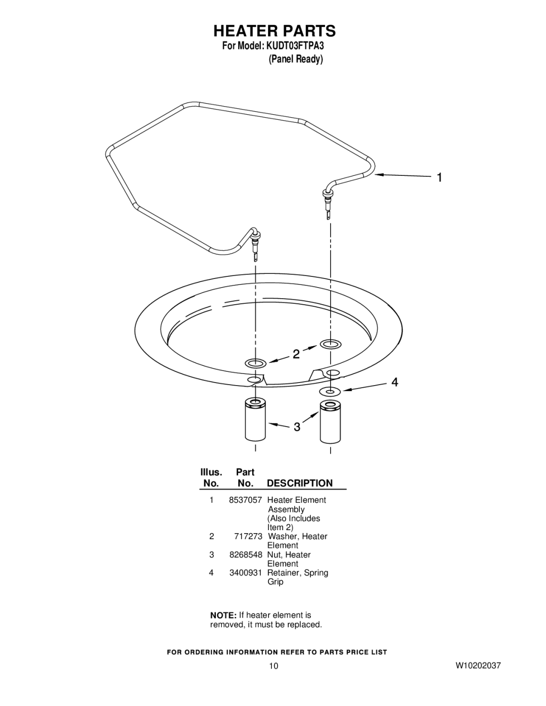 KitchenAid KUDT03FTPA3 manual Heater Parts 