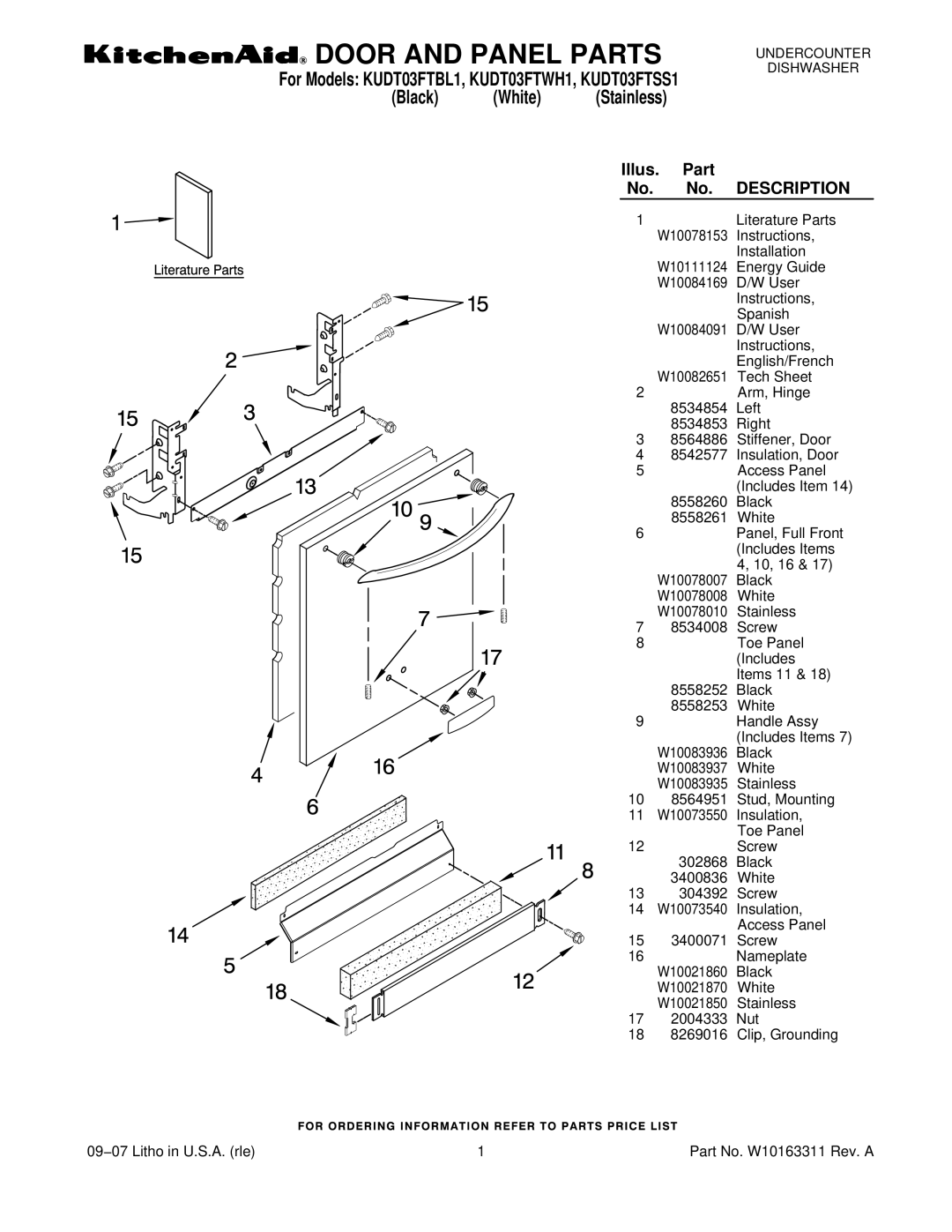 KitchenAid KUDT03FTSS1, KUDT03FTWH1, KUDT03FTBL1 manual Door and Panel Parts 