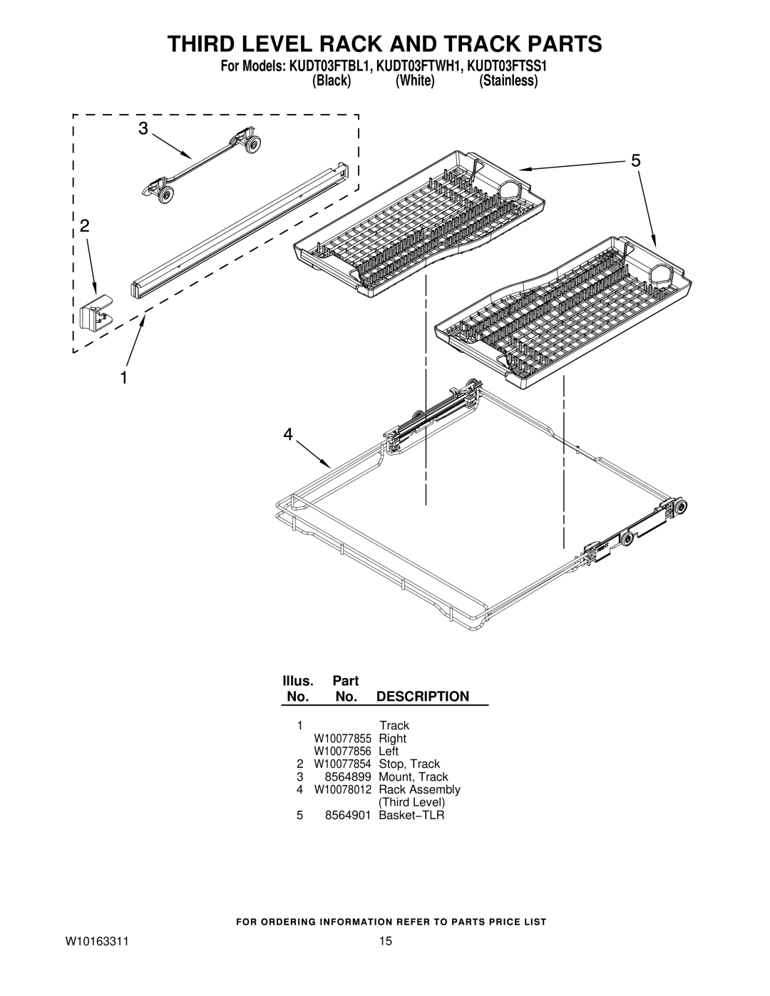 KitchenAid KUDT03FTWH1, KUDT03FTSS1, KUDT03FTBL1 manual Third Level Rack and Track Parts 